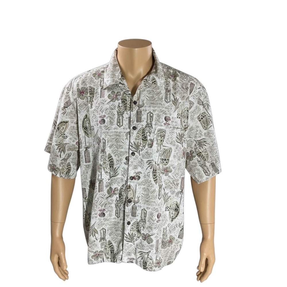 High‎ Sierra Hawaiian Aloha Shirt 2XL Tiki Tribal Symbols Floral Tan Red